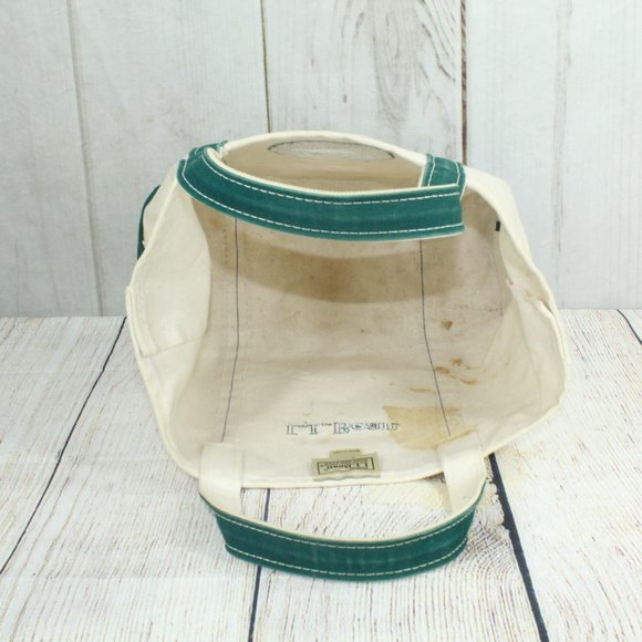 LL Bean Boat & Tote Cream Canvas Green Trim Embroidered Tote Handbag - Picture 5 of 9
